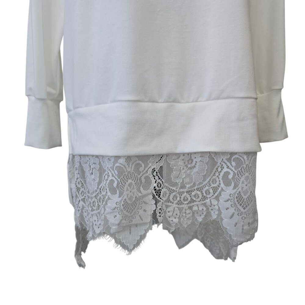 Women's White Long Sleeve Hi Lo Lace Trim Shirt Slits on Sides - Picture 10 of 11